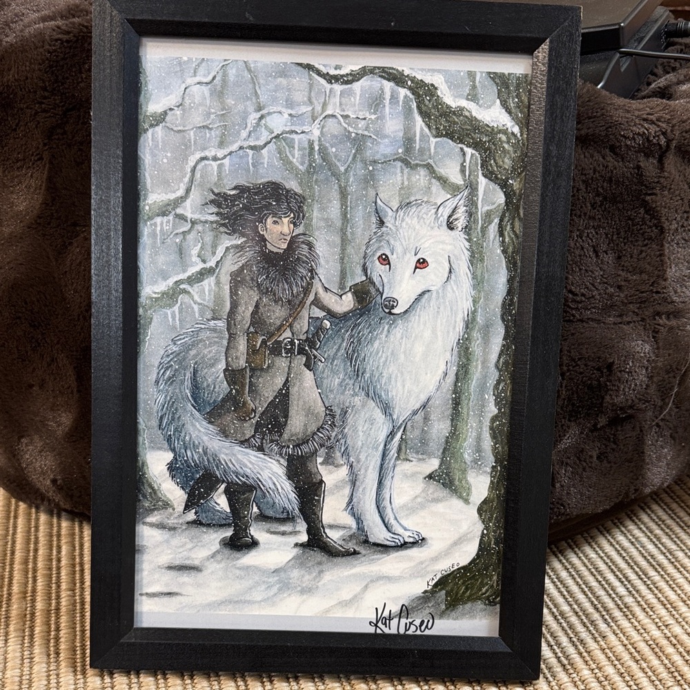 Framed Art Print Signed by Artist Jon Snow and Ghost of the Game of Thrones